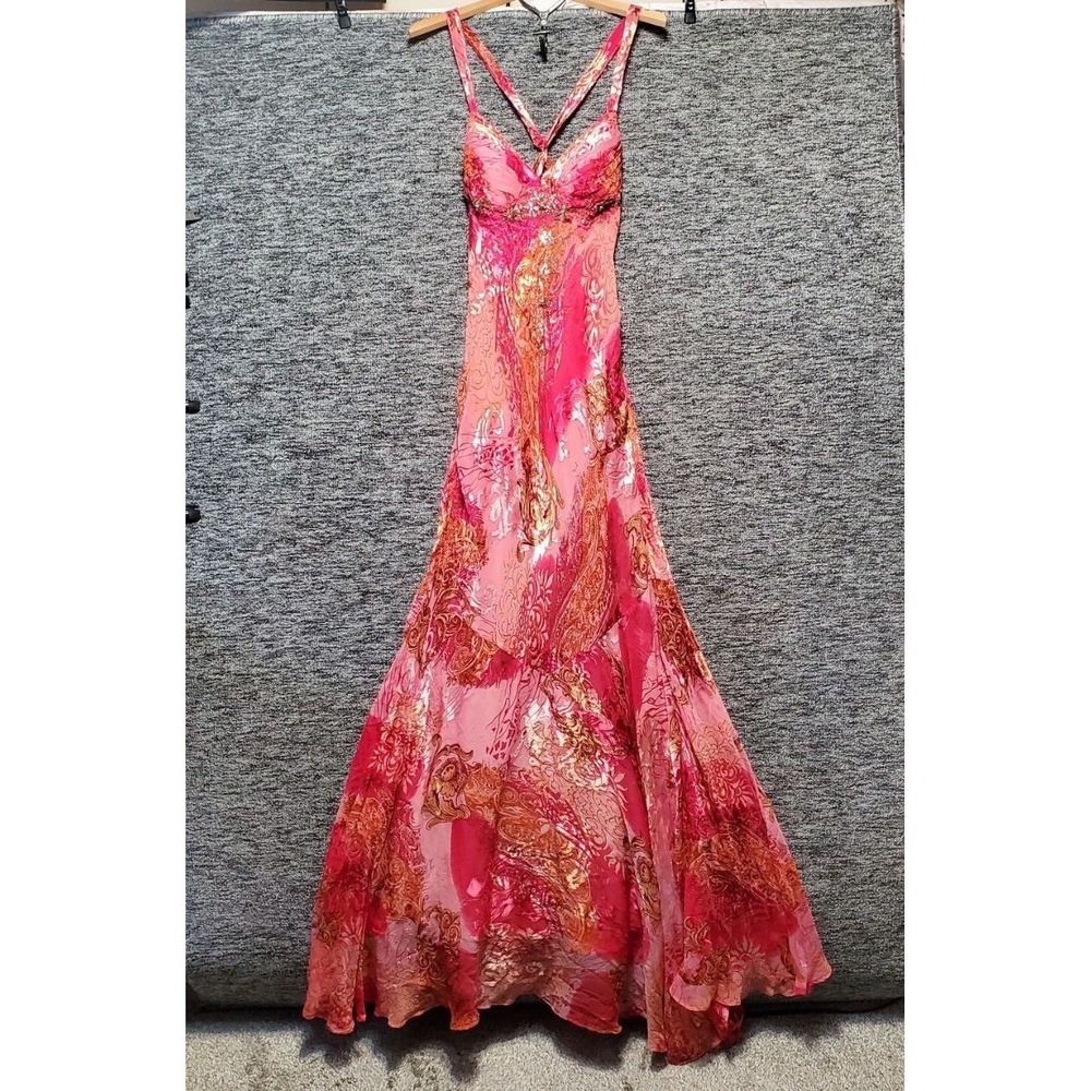 VTG Dave & Johnny Silk Paisley Beaded Prom Dress Women 7 8 Pink Orange Maxi